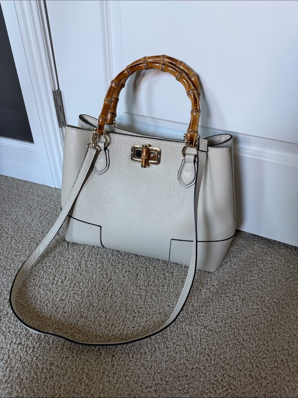 Women's Cream Tote with Bamboo Top Handle